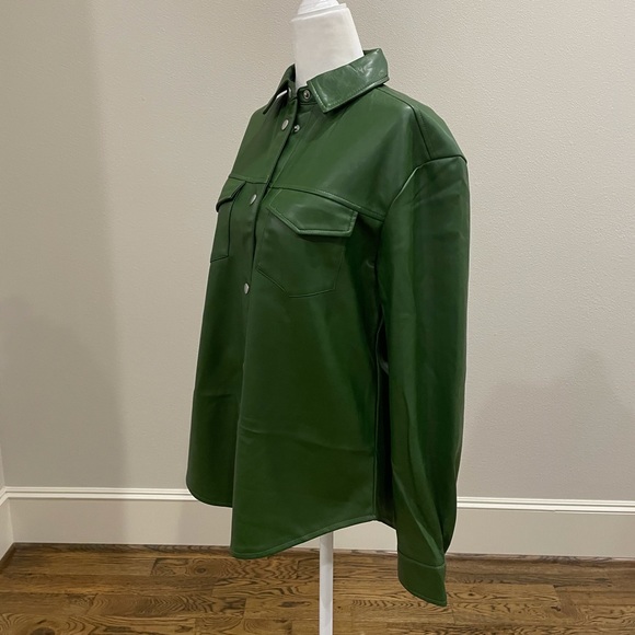 Anthropologie Aves Les Filles faux leather oversized shirt jacket in dark green - Picture 8 of 12